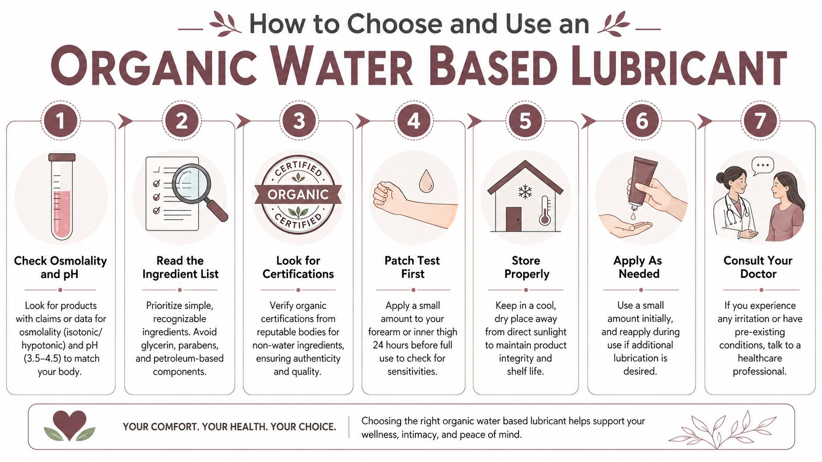 An infographic titled How to Choose and Use an Organic Water Based Lubricant with seven numbered steps.