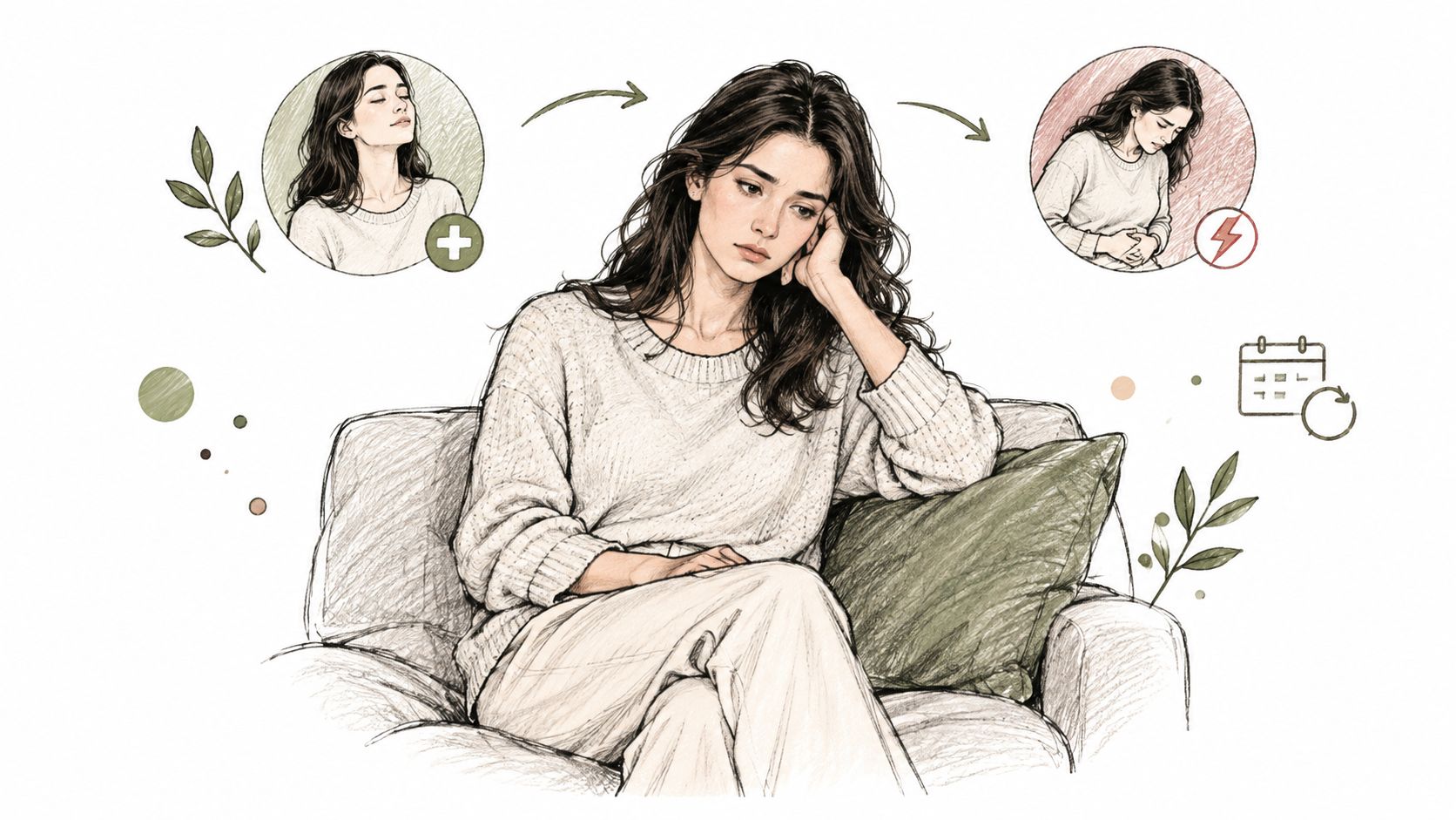A woman looks concerned while sitting on a couch, illustrating the cycle of recurring health issues.