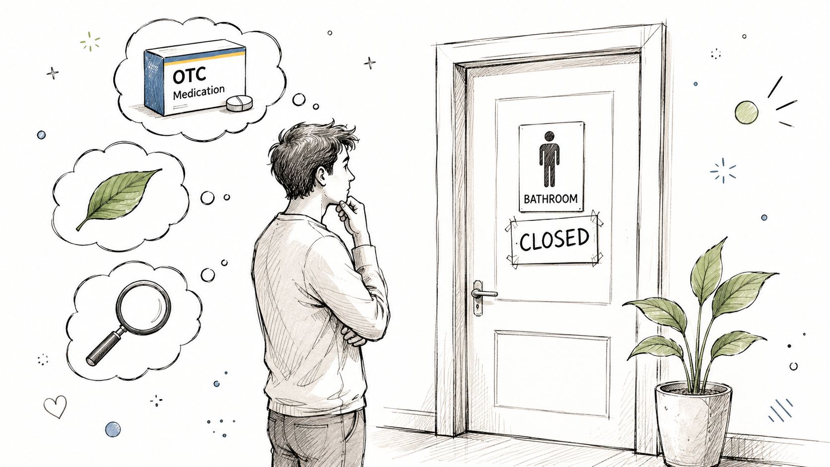 A person standing before a closed bathroom door, pondering natural remedies and medications, illustrated in a sketch style.