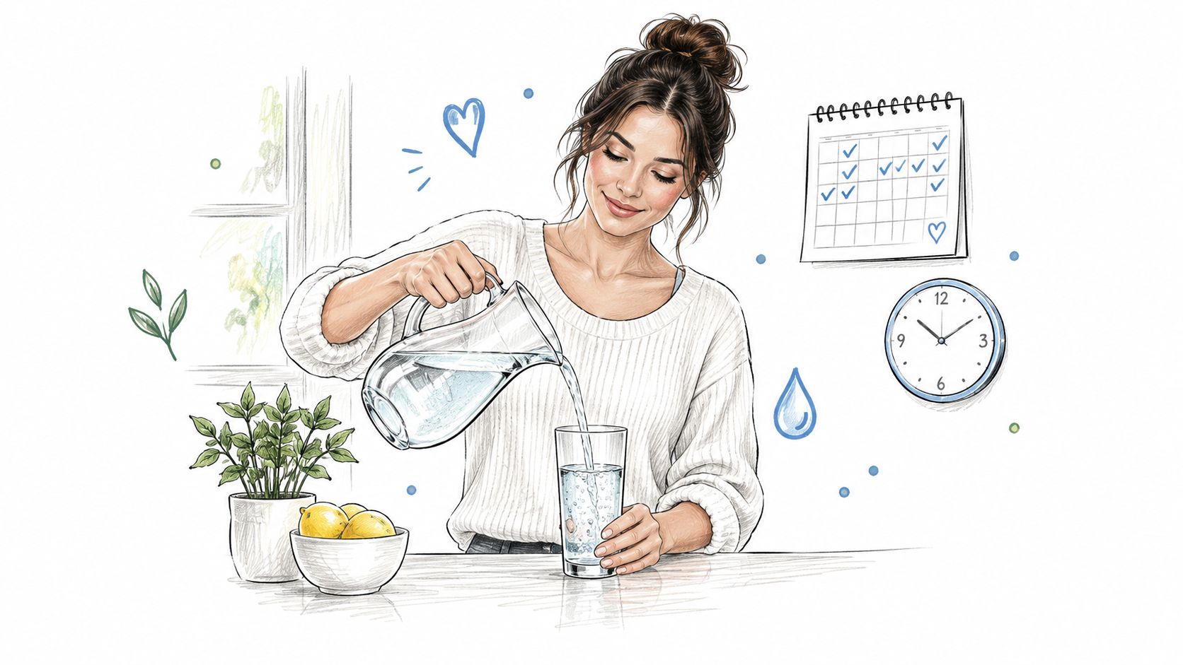 A woman pouring water into a glass while tracking her daily hydration habits on a calendar