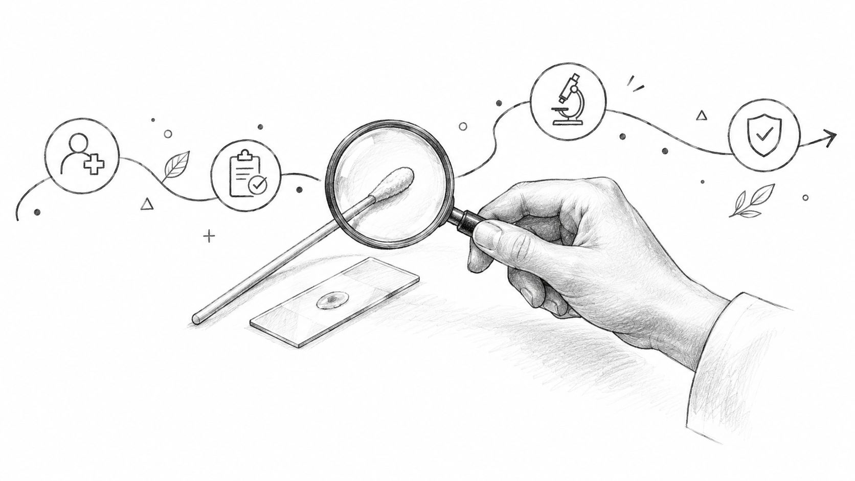 A hand holding a magnifying glass over a medical swab and microscope slide, representing diagnostic testing processes.