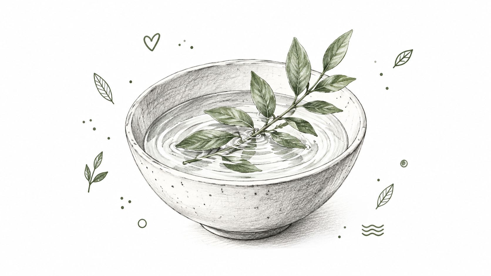 A pencil sketch of a ceramic bowl filled with water and a green leafy branch floating inside.