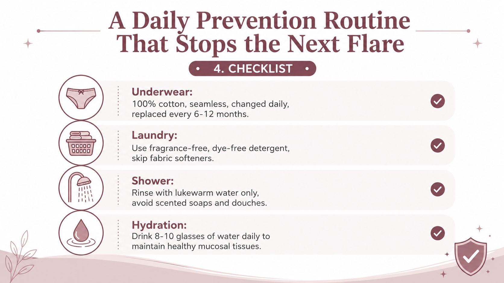 A helpful infographic showing a daily prevention checklist for managing intimate irritation and health.