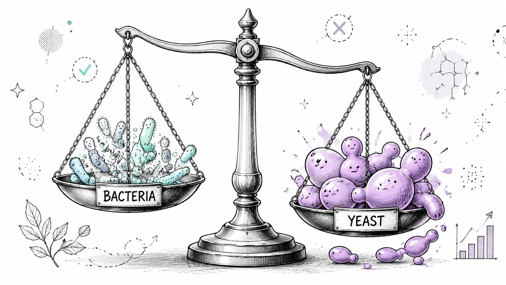 A sketched illustration comparing bacteria and yeast on a balance scale to represent biological differences.