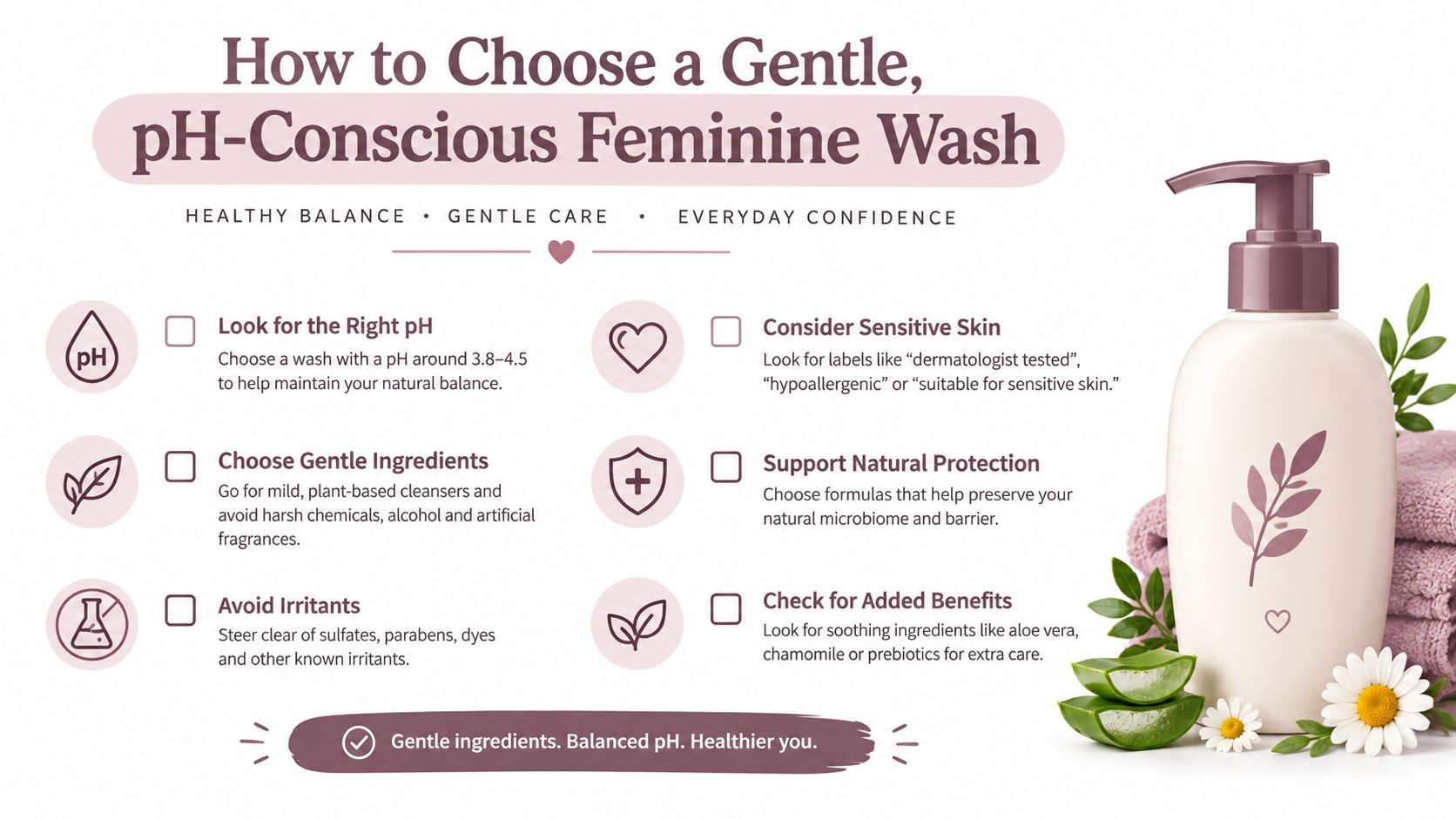 An infographic titled How to Choose a Gentle, pH-Conscious Feminine Wash with tips on ingredients and skin health.