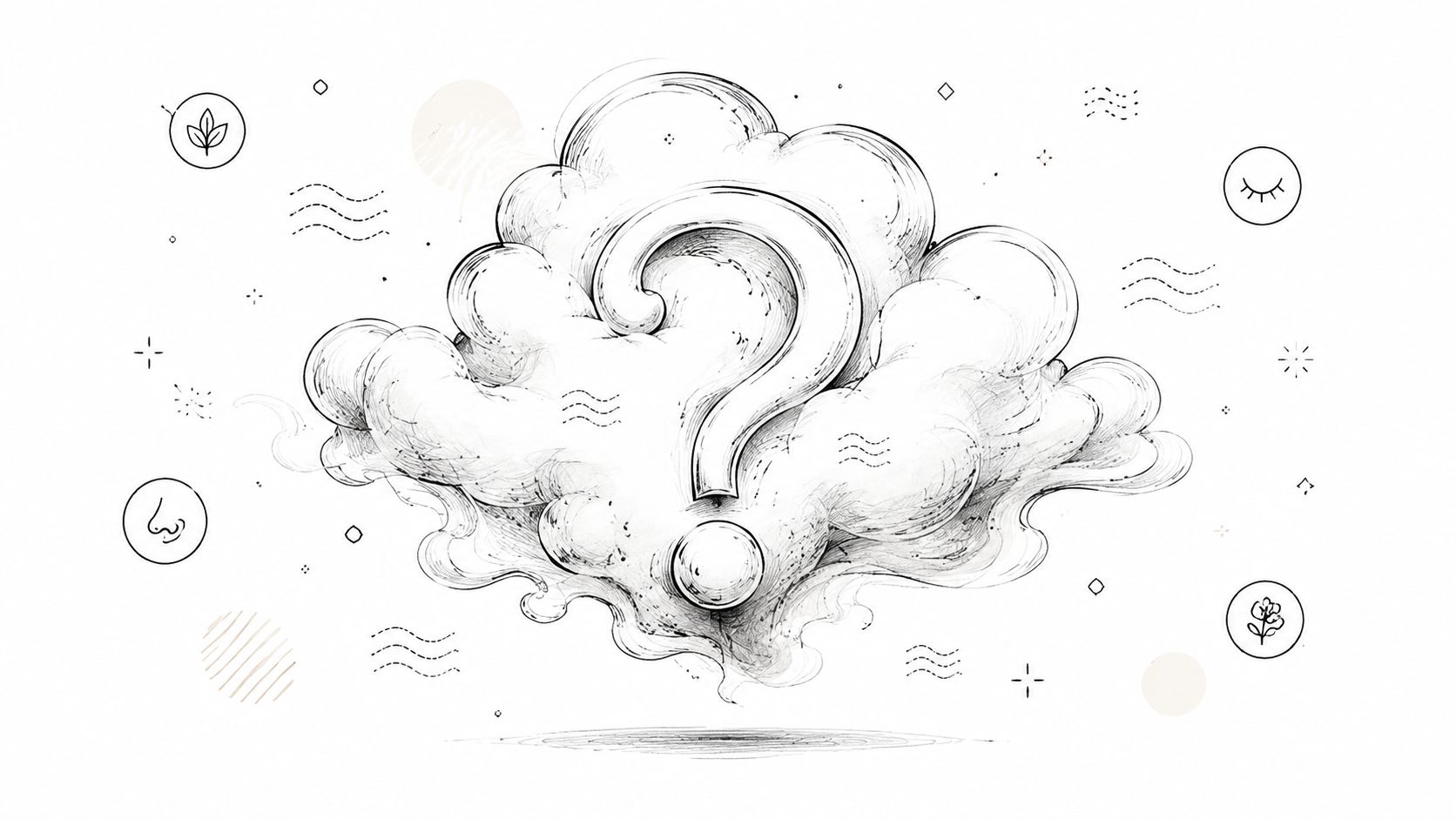 A conceptual line drawing of a question mark surrounded by clouds and various sensory icons.