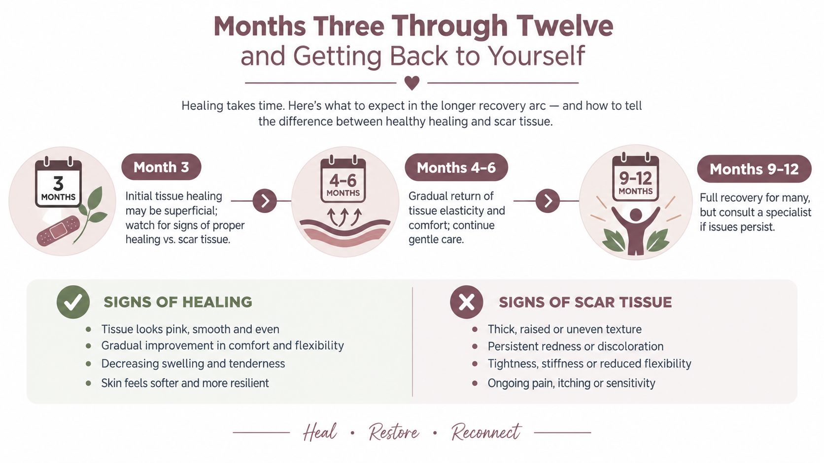 A recovery timeline chart detailing tissue healing stages and signs of healthy skin versus scar tissue formation.