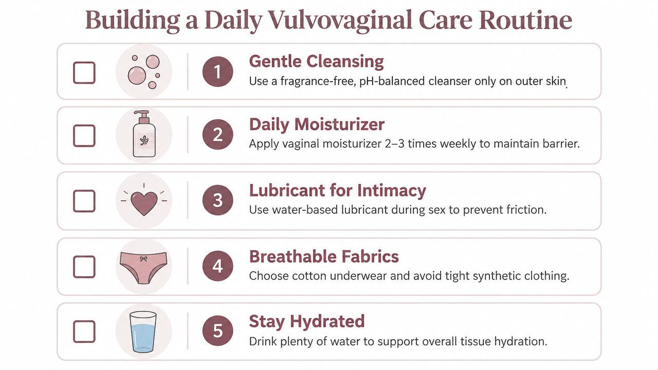 An infographic titled Building a Daily Vulvovaginal Care Routine with five numbered steps for intimate hygiene.