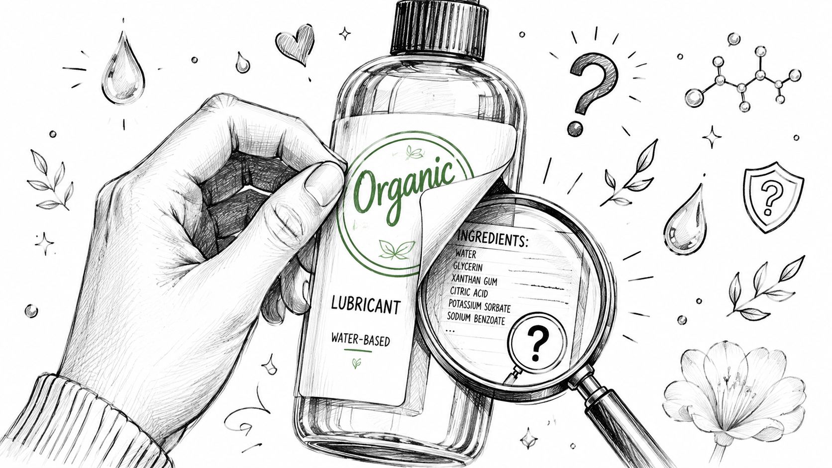 A hand peels back an organic label on a water-based lubricant bottle revealing ingredients under a magnifying glass.