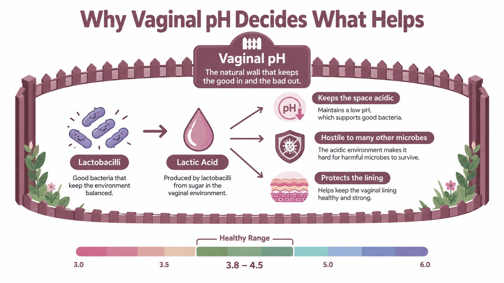 An infographic illustrating how lactobacilli and lactic acid help maintain a healthy acidic vaginal pH balance.
