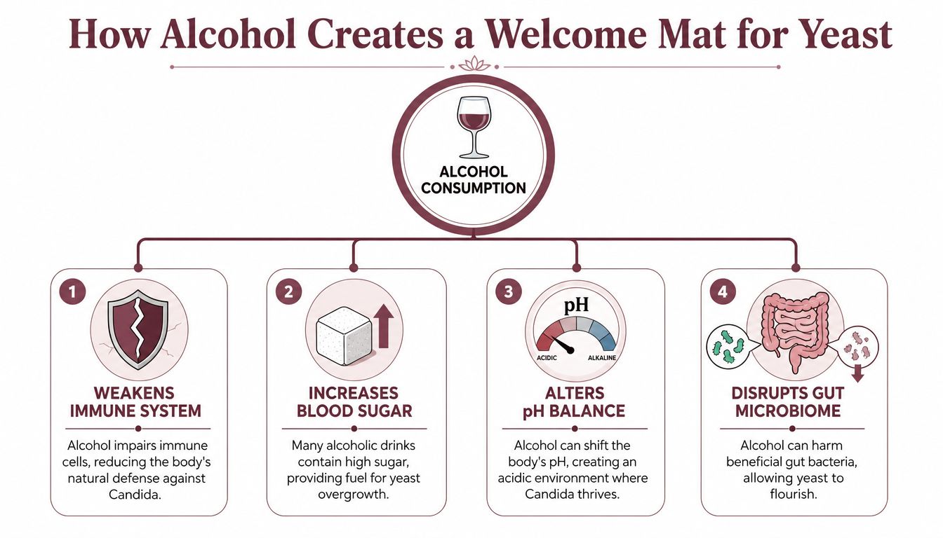 An infographic showing how alcohol consumption contributes to yeast overgrowth through four biological factors.
