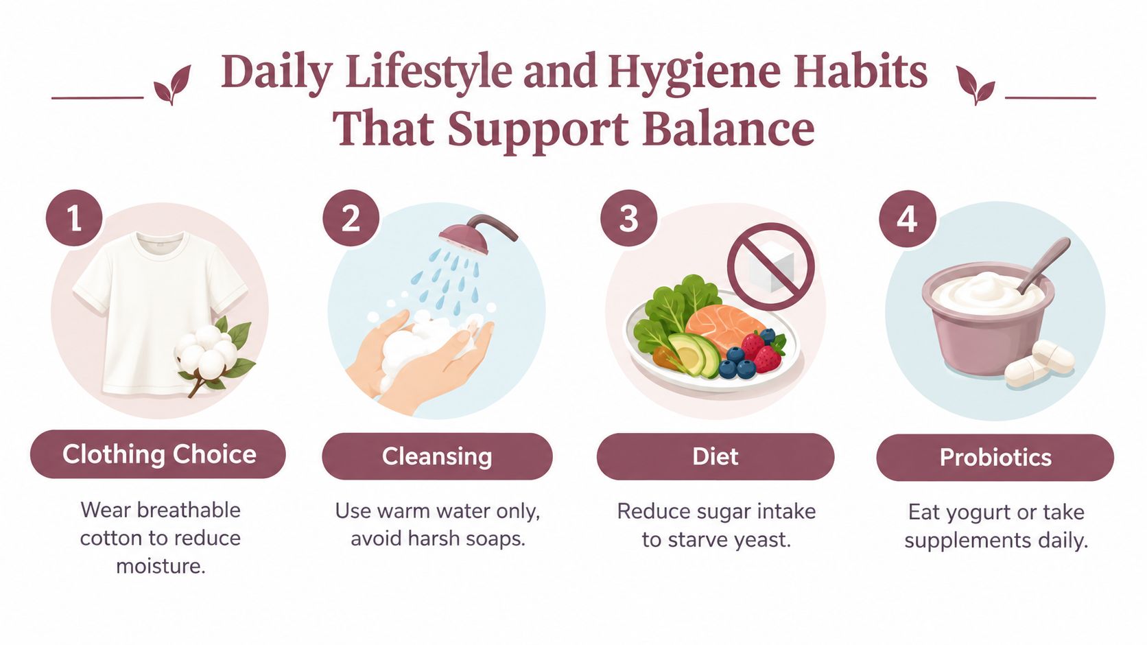 An infographic showing four daily lifestyle and hygiene habits that support balance for preventing yeast infections.