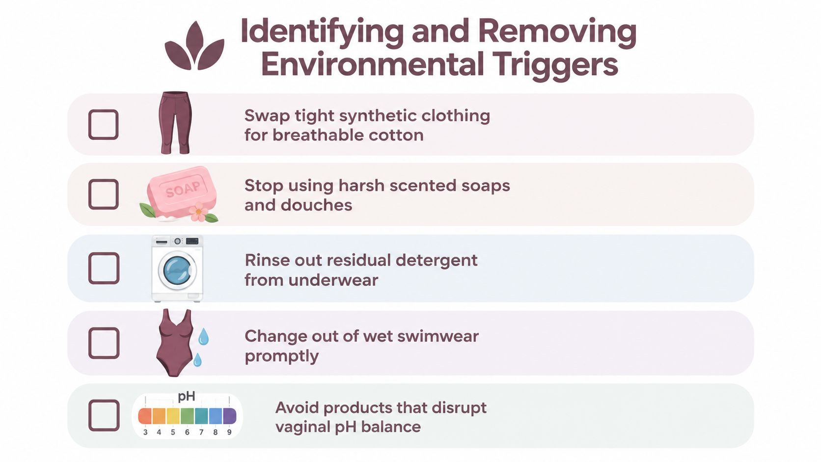 A checklist infographic illustrating tips to identify and remove environmental triggers for vaginal health concerns.