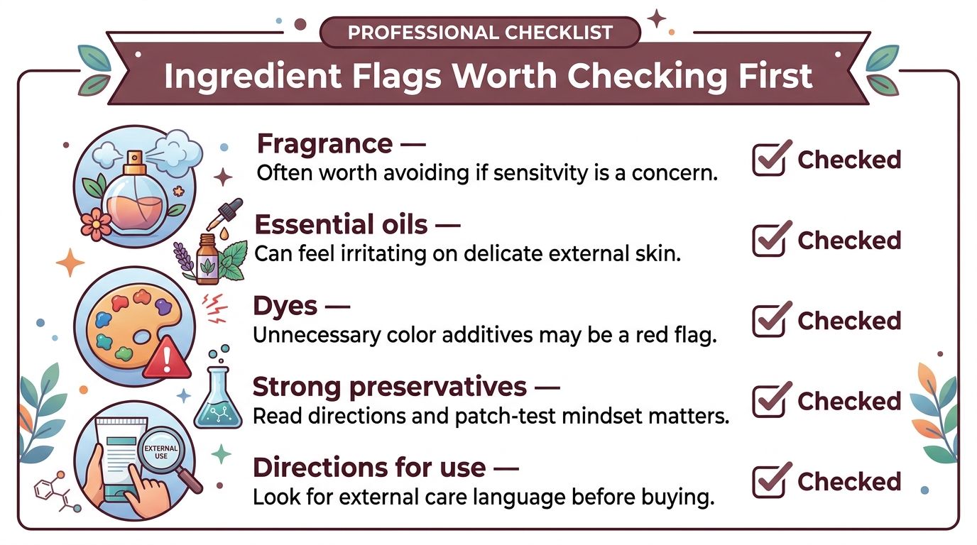 A professional checklist infographic detailing five common ingredient flags to consider before purchasing personal care products.