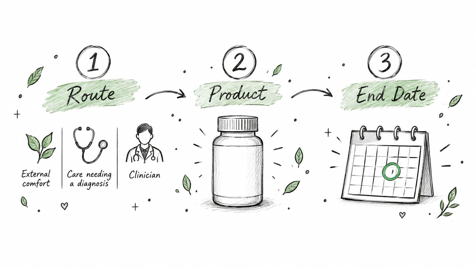 A hand-drawn illustration outlining a three-step medical process for plant-based feminine care products.