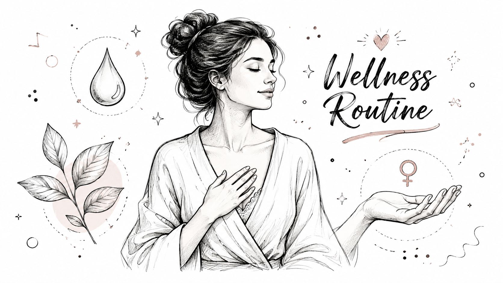 A beautiful woman in a robe representing self-care with wellness symbols of water, plants, and femininity.