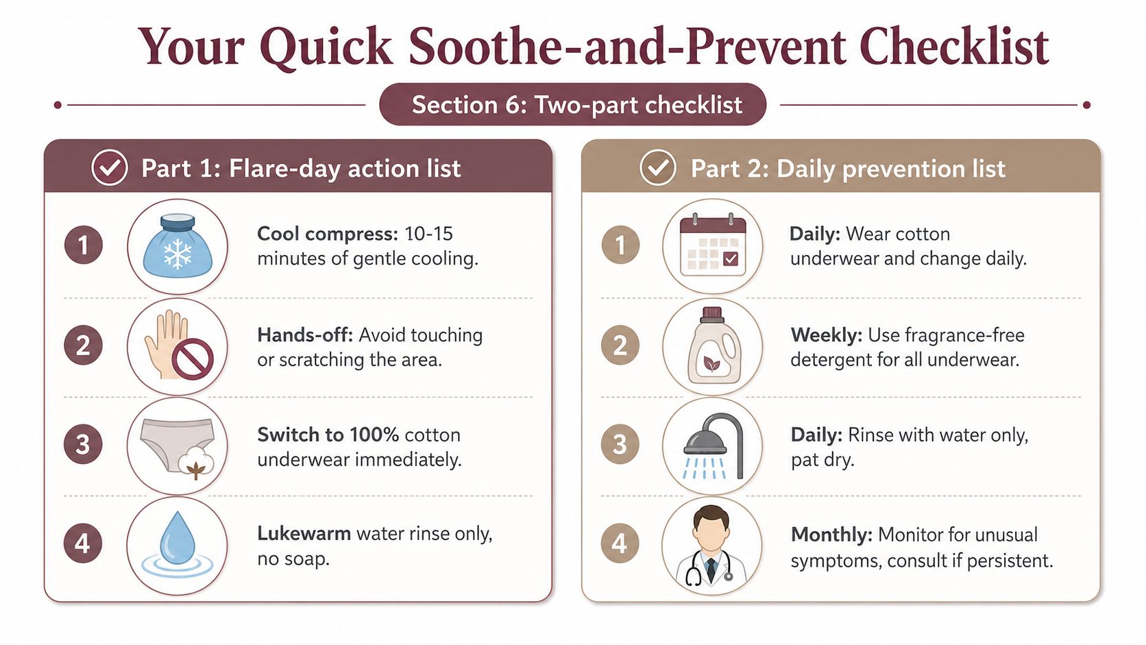 A two-part checklist showing tips for soothing vaginal irritation and daily prevention methods.