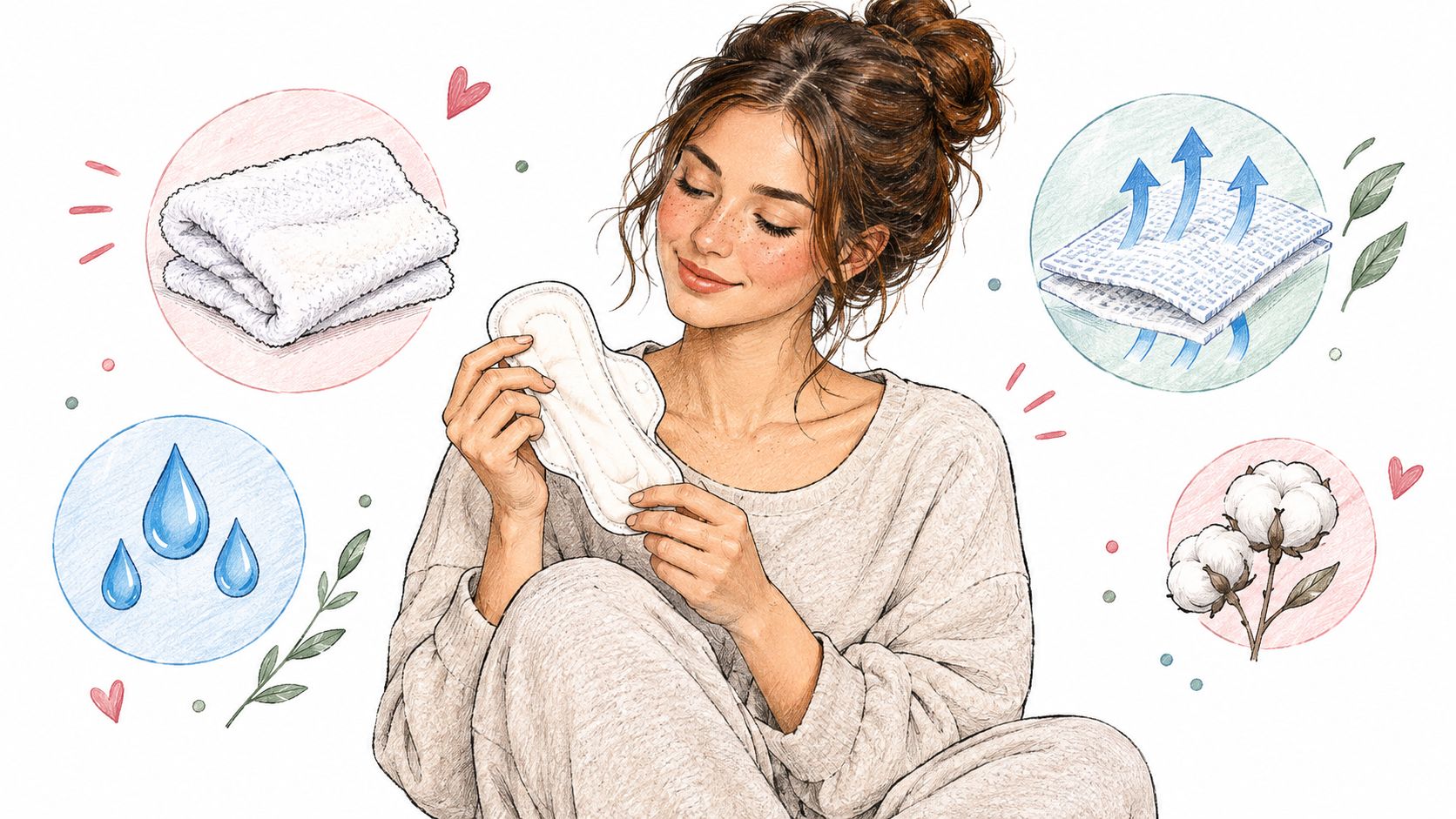A woman holding a menstrual pad with illustrated icons representing comfort, absorbency, breathability, and soft cotton materials.