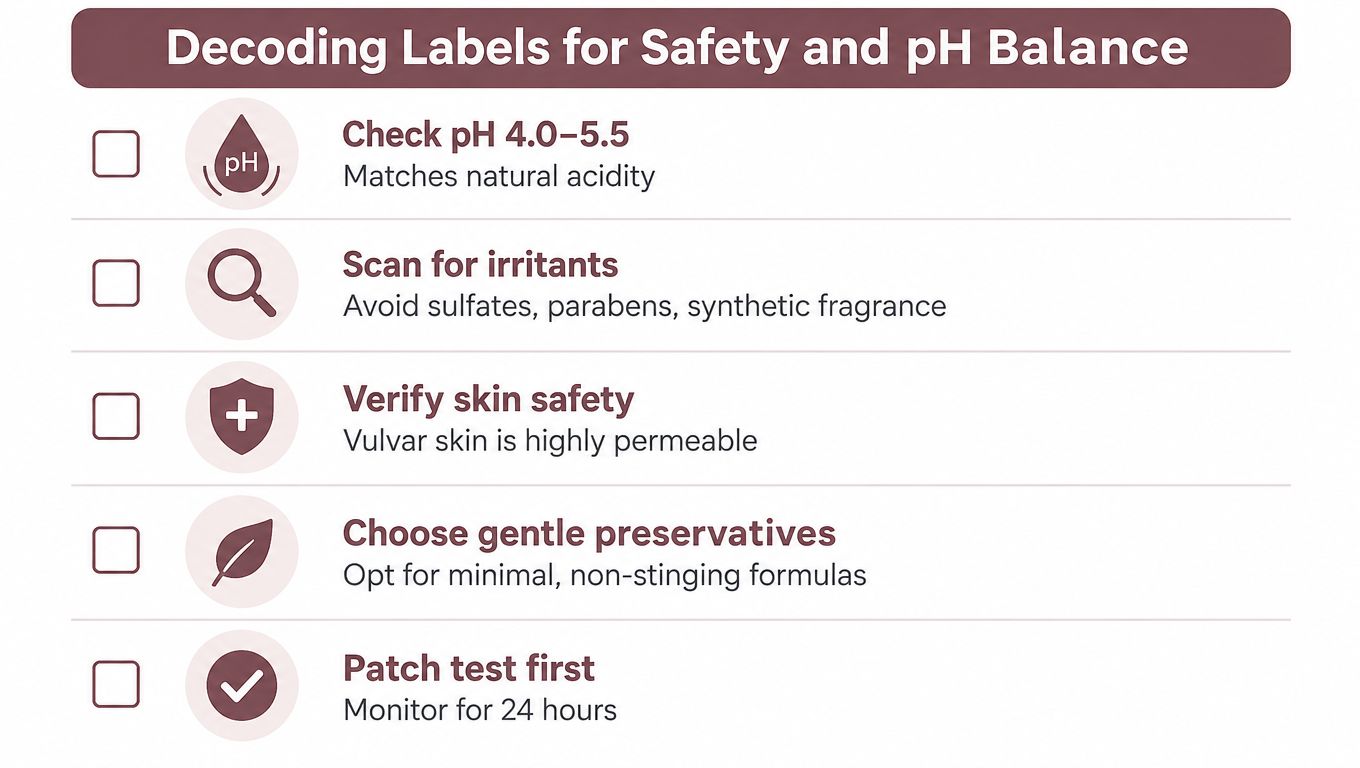 A checklist infographic titled Decoding Labels for Safety and pH Balance for intimate skincare products.