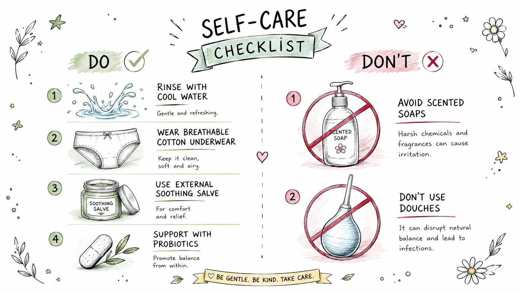 A hand-drawn instructional infographic titled Self-Care Checklist showing beneficial habits and precautions for feminine hygiene health.