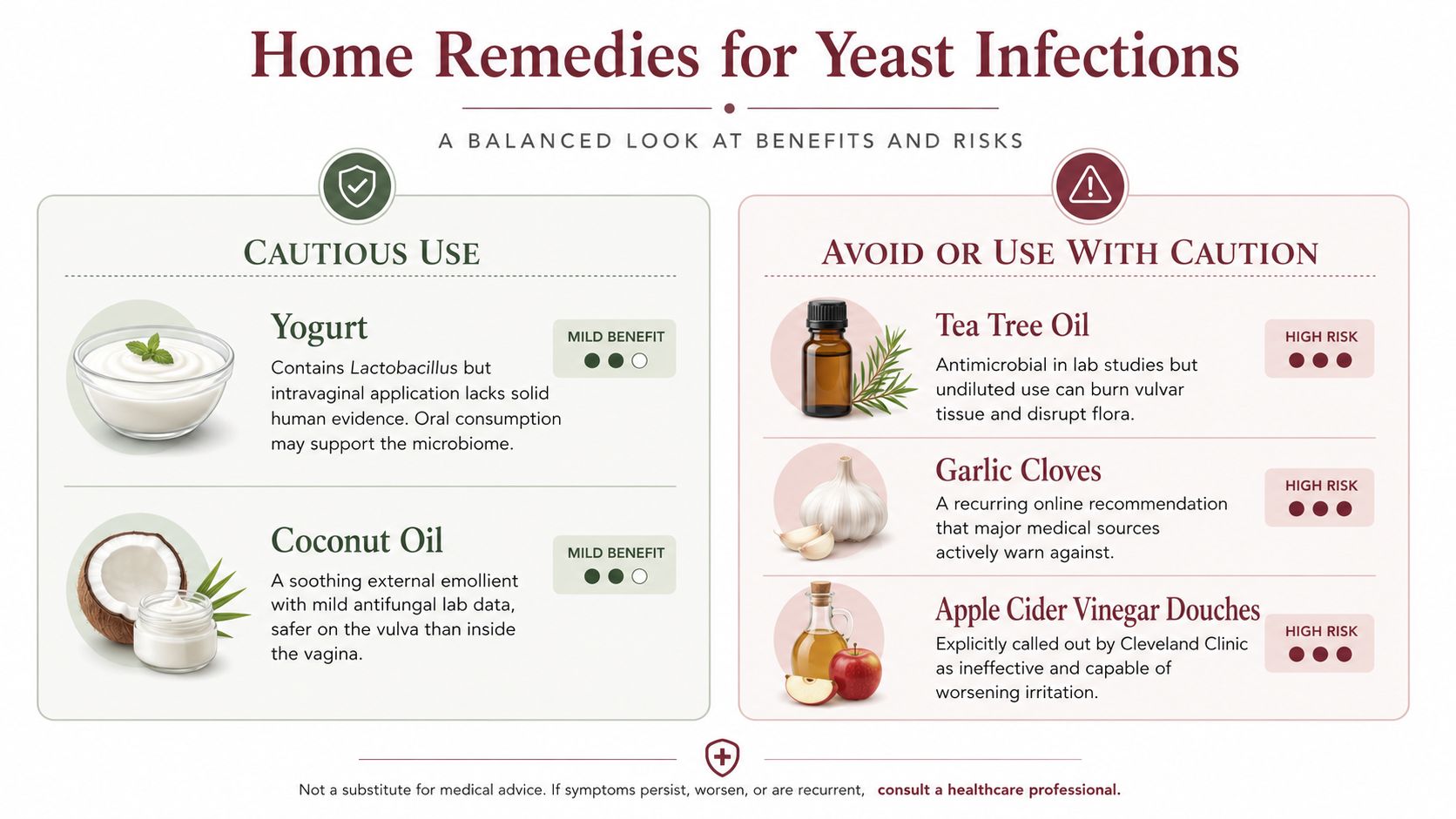 A balanced infographic highlighting home remedies for yeast infections, comparing mild benefits with high-risk practices.