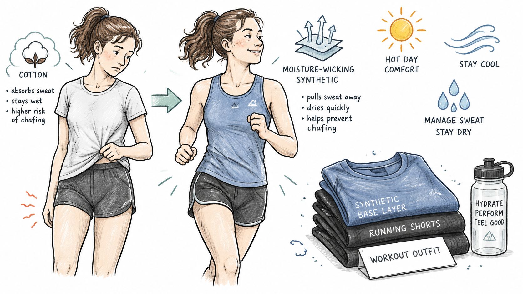 Comparison illustration showing the benefits of wearing synthetic moisture-wicking workout clothes versus cotton for preventing chafing.