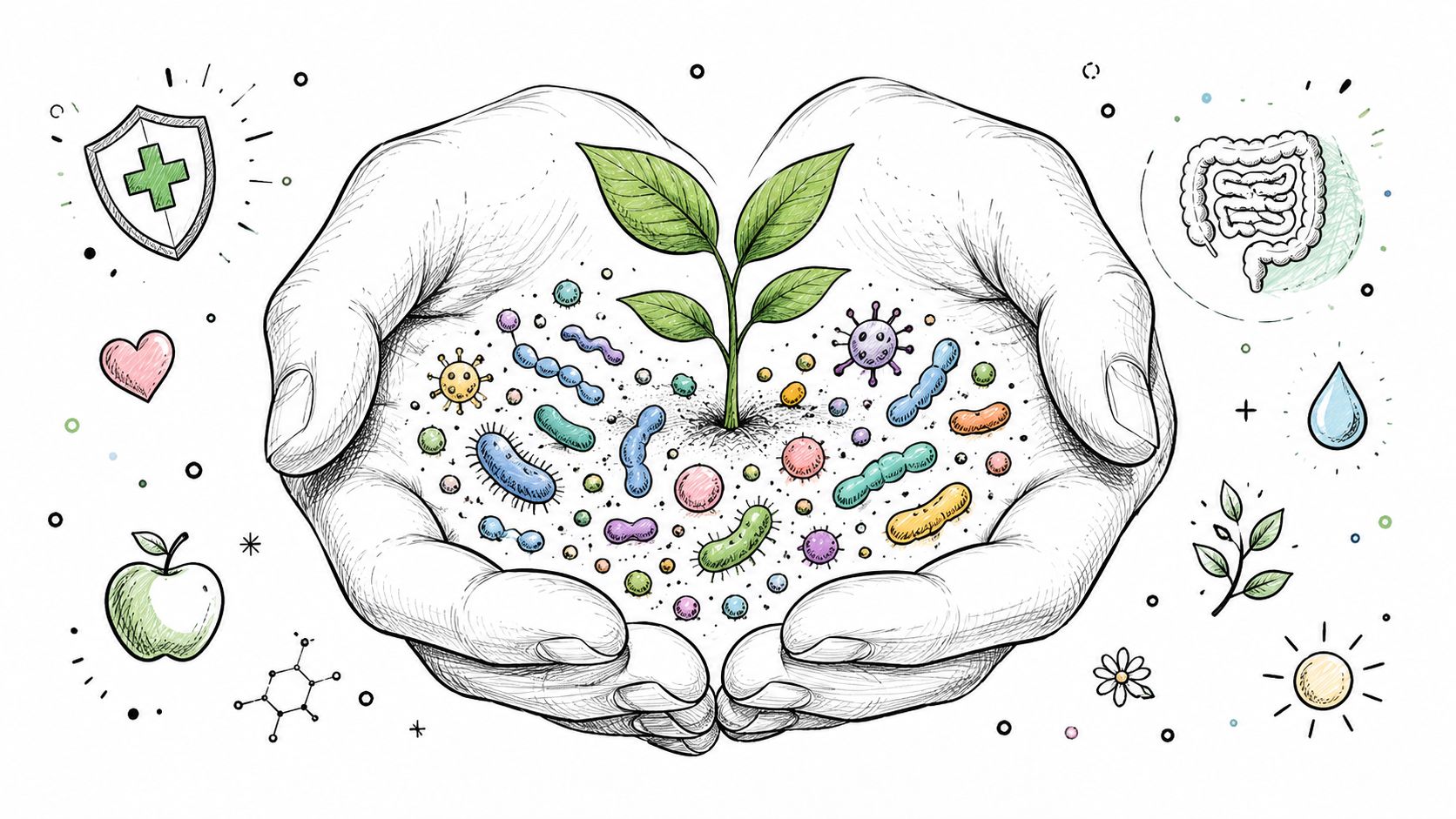 A hand-drawn illustration showing hands holding soil with a plant sprout surrounded by various gut bacteria.