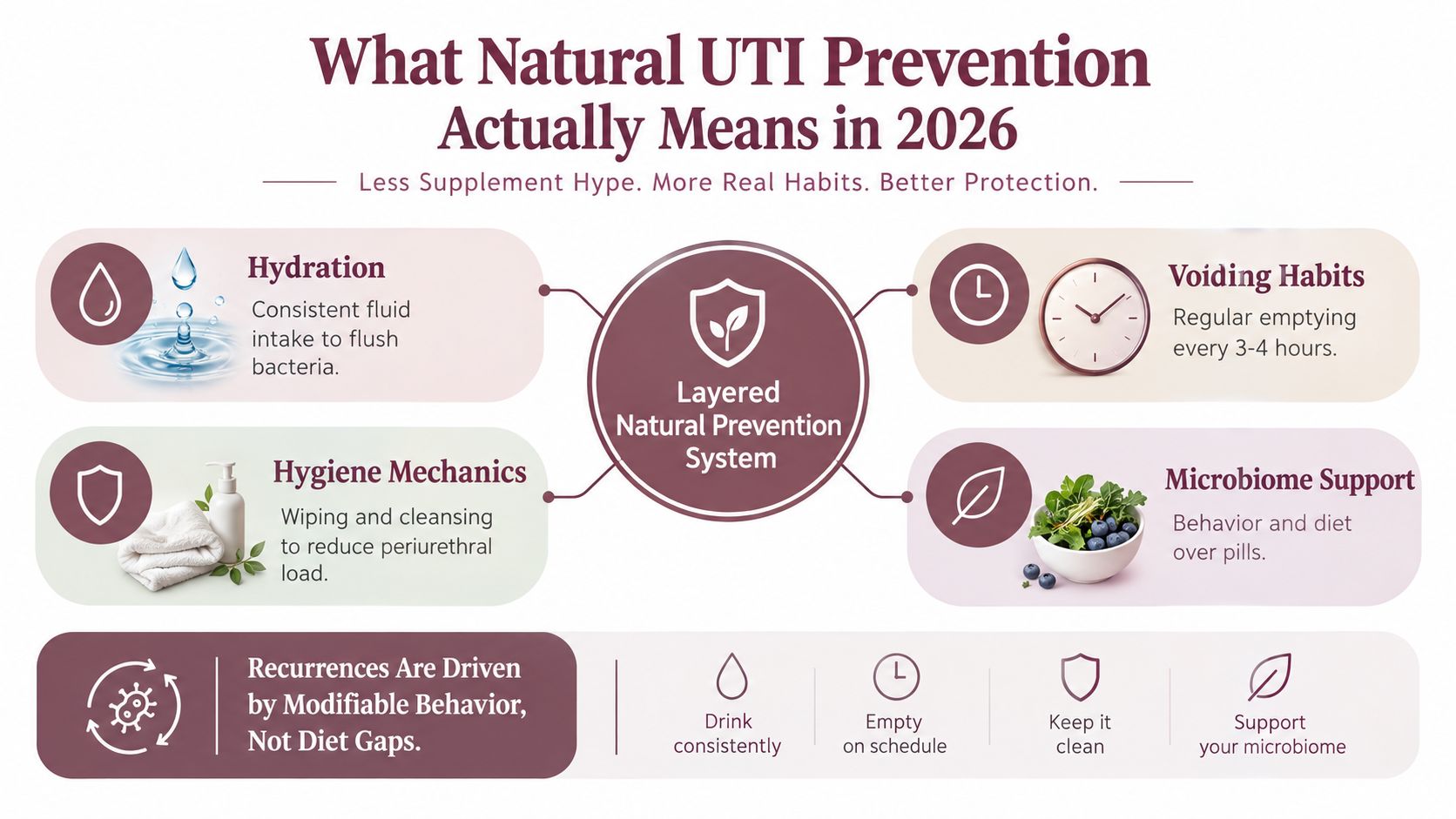 An infographic titled What Natural UTI Prevention Actually Means in 2026 outlining four key habits for prevention.
