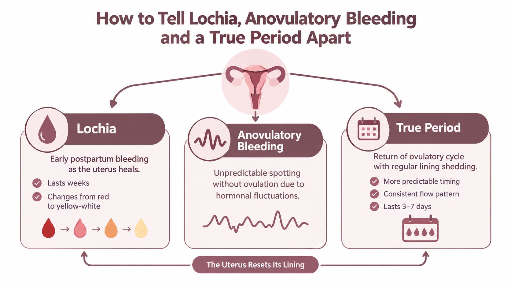 An infographic illustrating the differences between lochia, anovulatory bleeding, and a true period after childbirth.