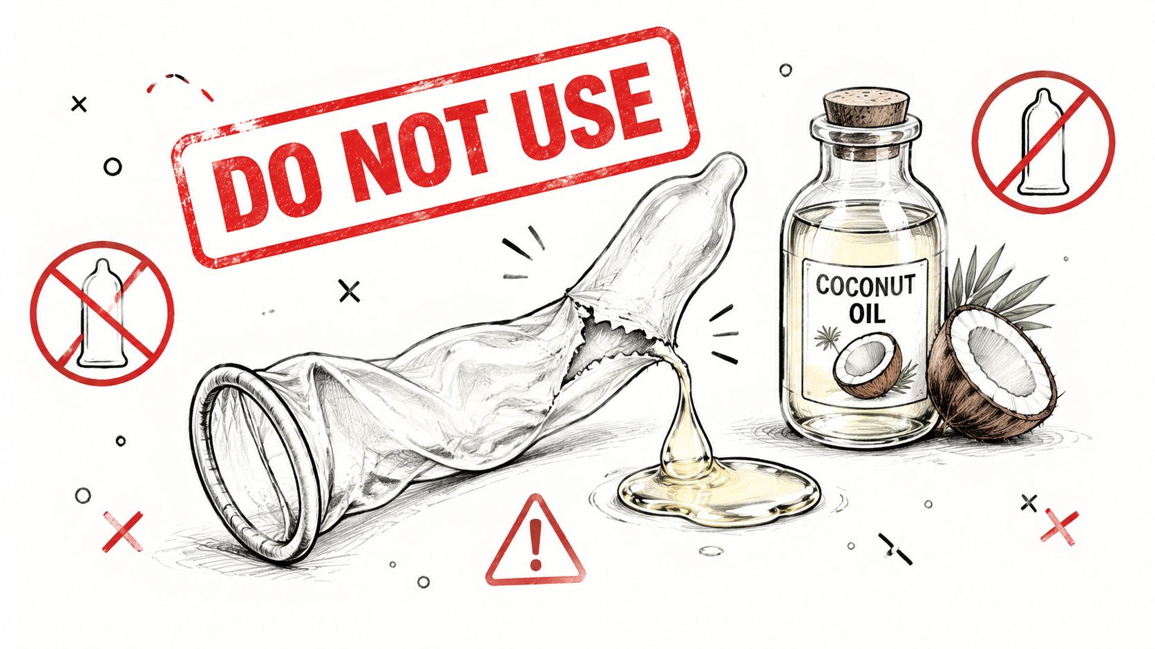 A warning illustration showing a broken condom leaking oil next to a bottle of coconut oil.