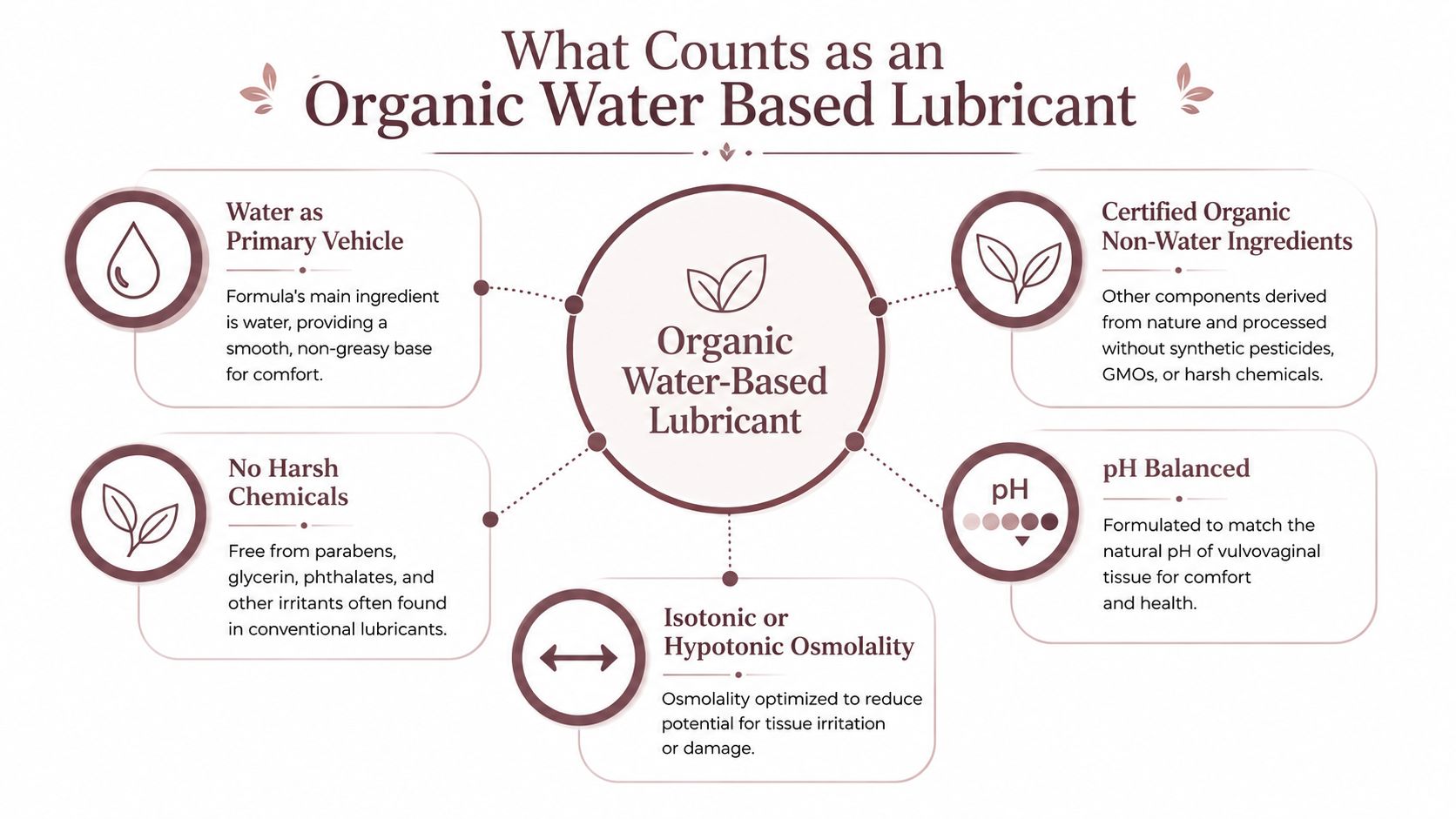 An infographic detailing five key characteristics that define a high-quality organic water-based personal lubricant.
