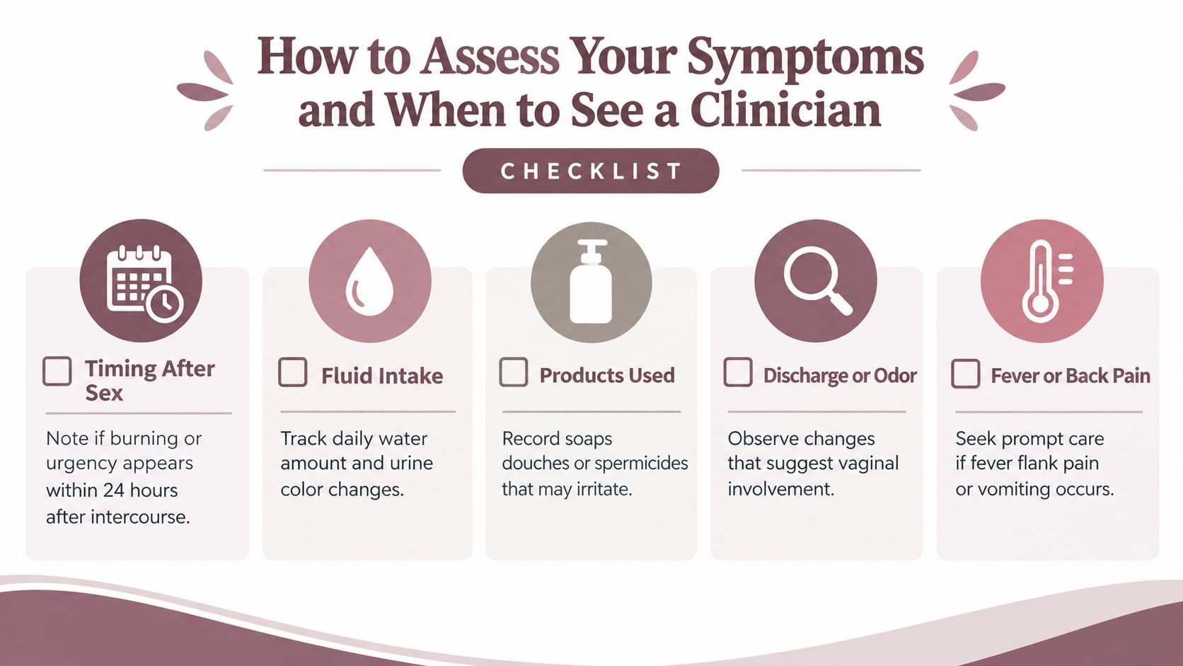 A health infographic checklist showing five key factors to consider when assessing urinary tract symptoms.