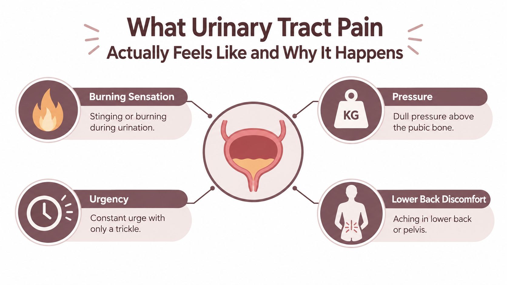 An infographic illustrating common symptoms of urinary tract pain, including burning, urgency, pressure, and back discomfort.