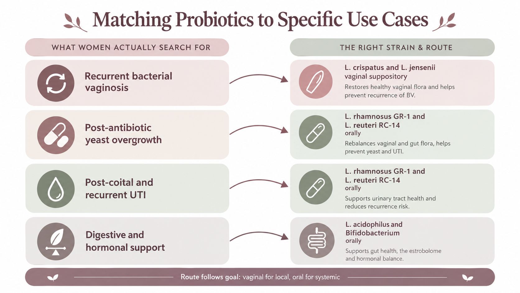 A chart detailing which probiotic strains and administration routes are best for specific women's health concerns.