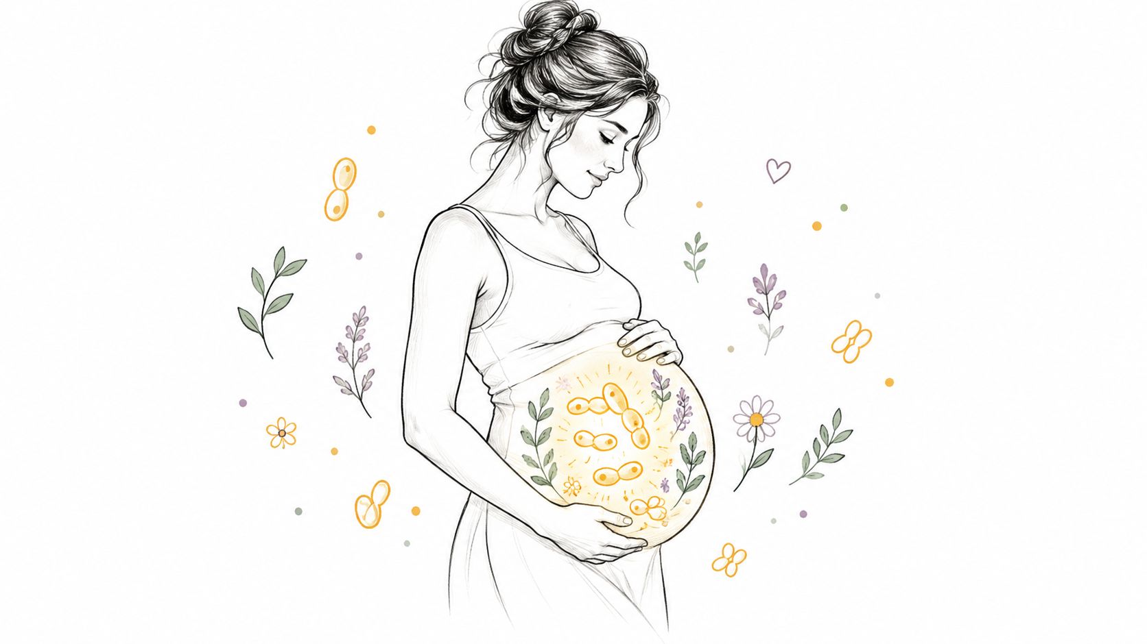A delicate line drawing of a pregnant woman surrounded by yeast cells and flowers, symbolizing vaginal health.