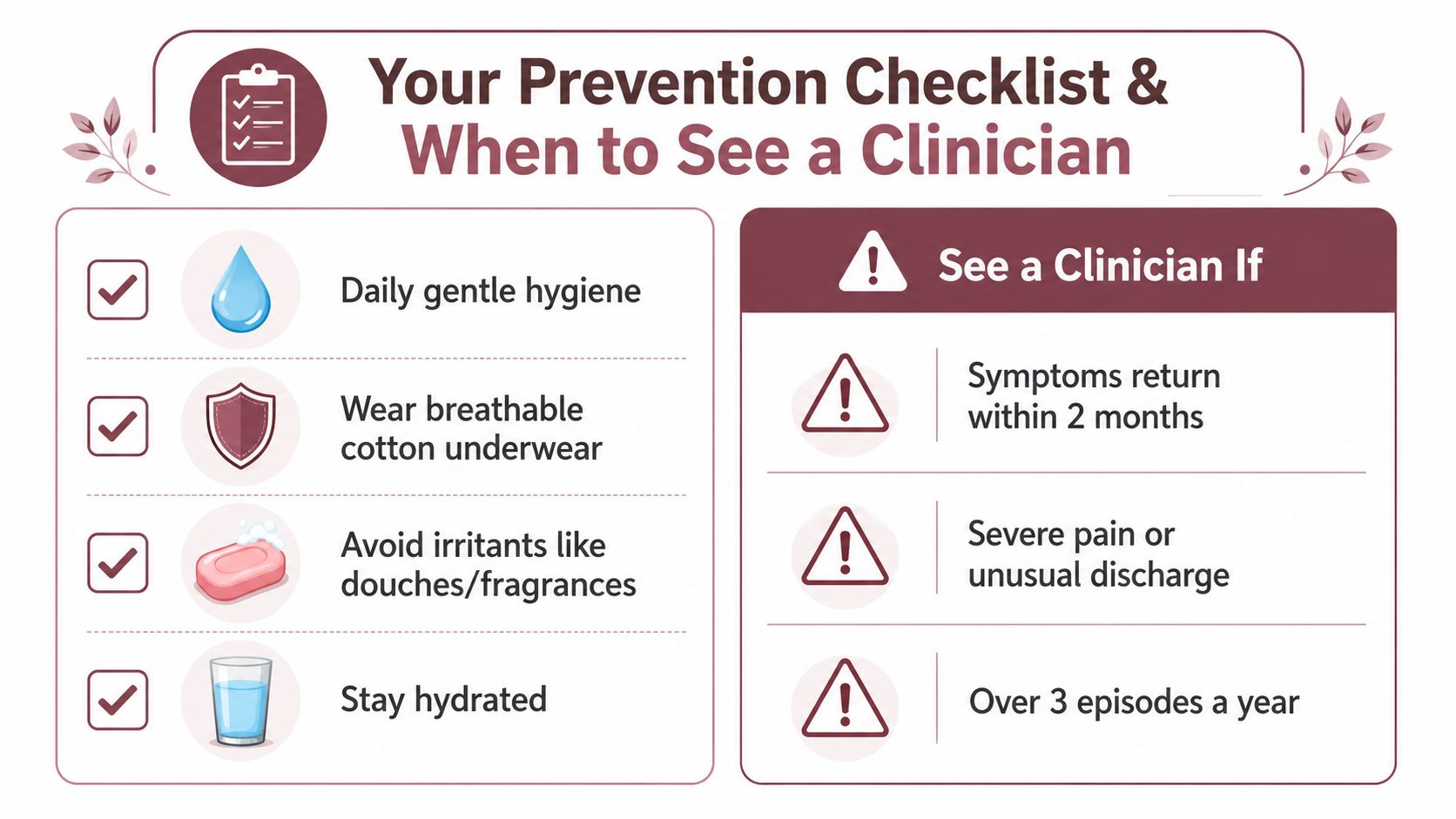 An educational infographic outlining prevention tips and when to consult a clinician for recurring symptoms.