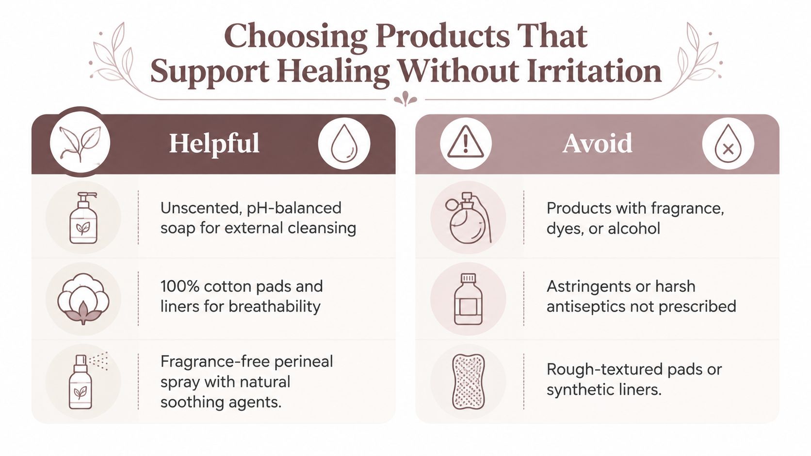 An infographic showing helpful and harmful hygiene products for supporting postpartum healing without causing irritation.