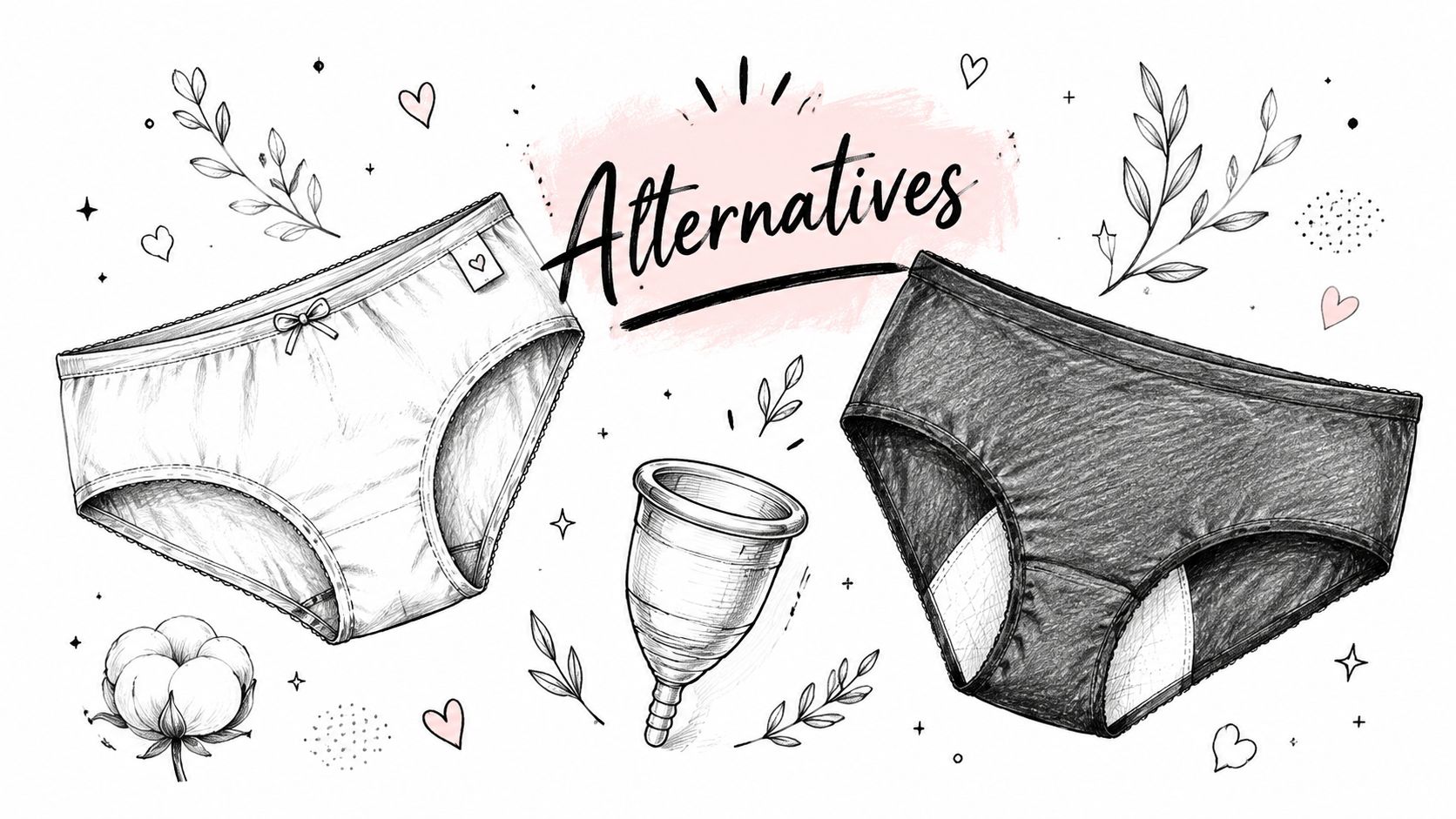 A hand-drawn illustration showing reusable period underwear and a menstrual cup, representing sustainable menstrual care product alternatives.