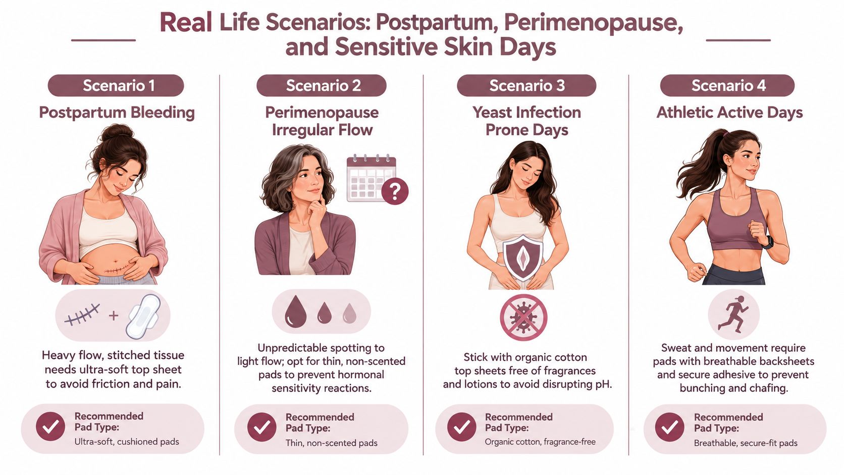 A graphic showing four different life scenarios for using feminine hygiene products, including tips for each situation.