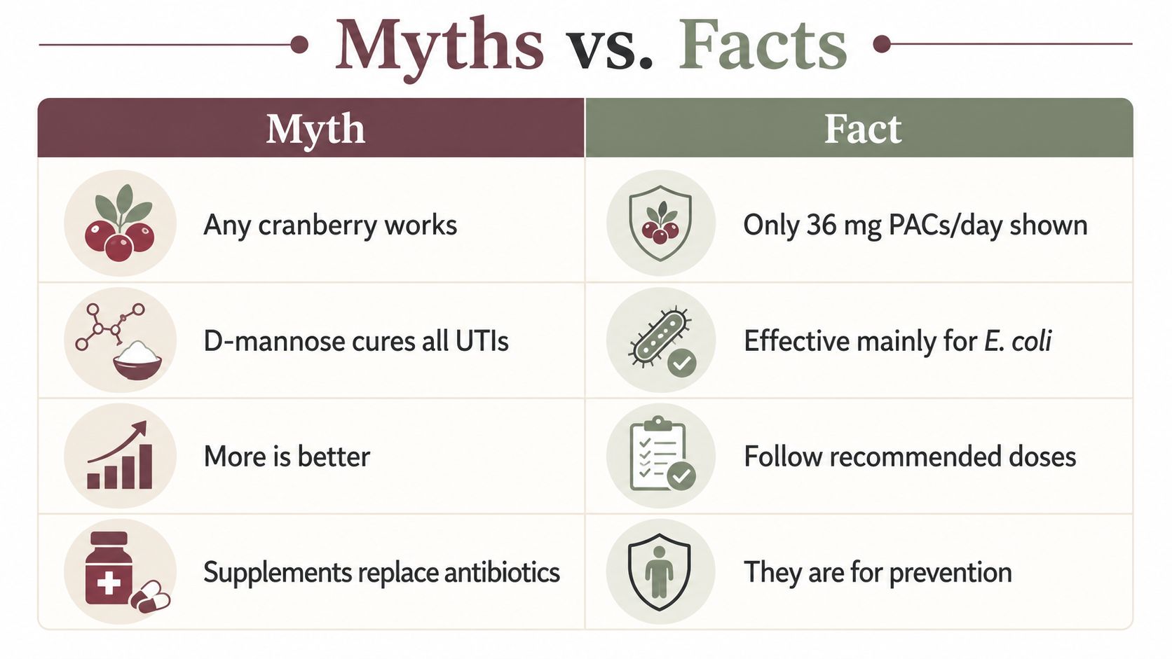 A table comparing common myths and facts about using cranberry and D-mannose supplements for UTI prevention.