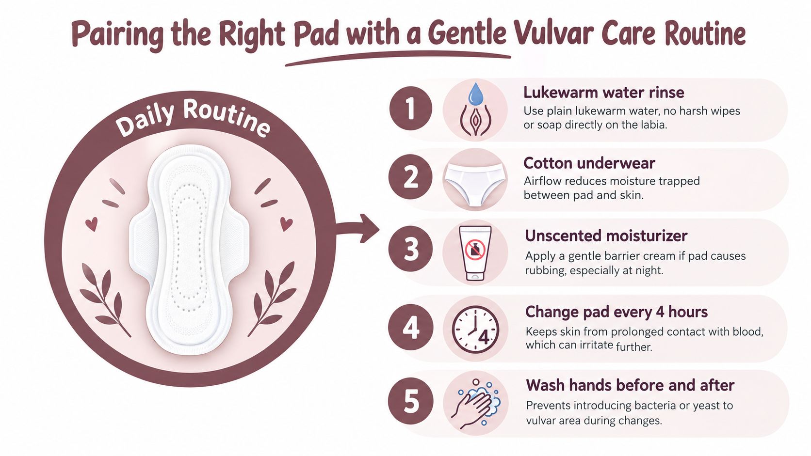 A guide illustrating five essential steps for maintaining a gentle vulvar hygiene routine while using sanitary pads.