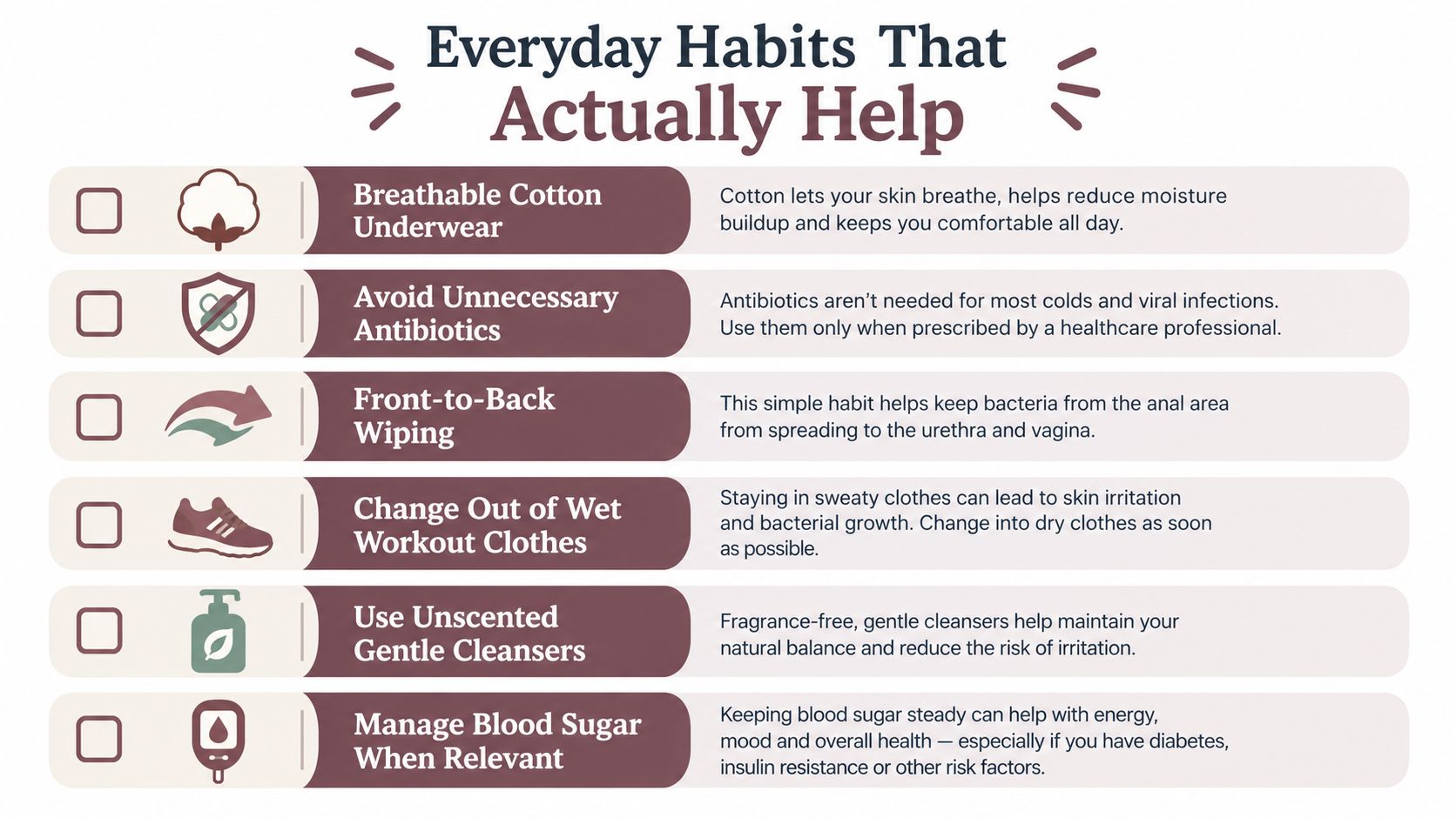 A list of six everyday health habits to prevent infections, including hygiene tips and lifestyle advice.