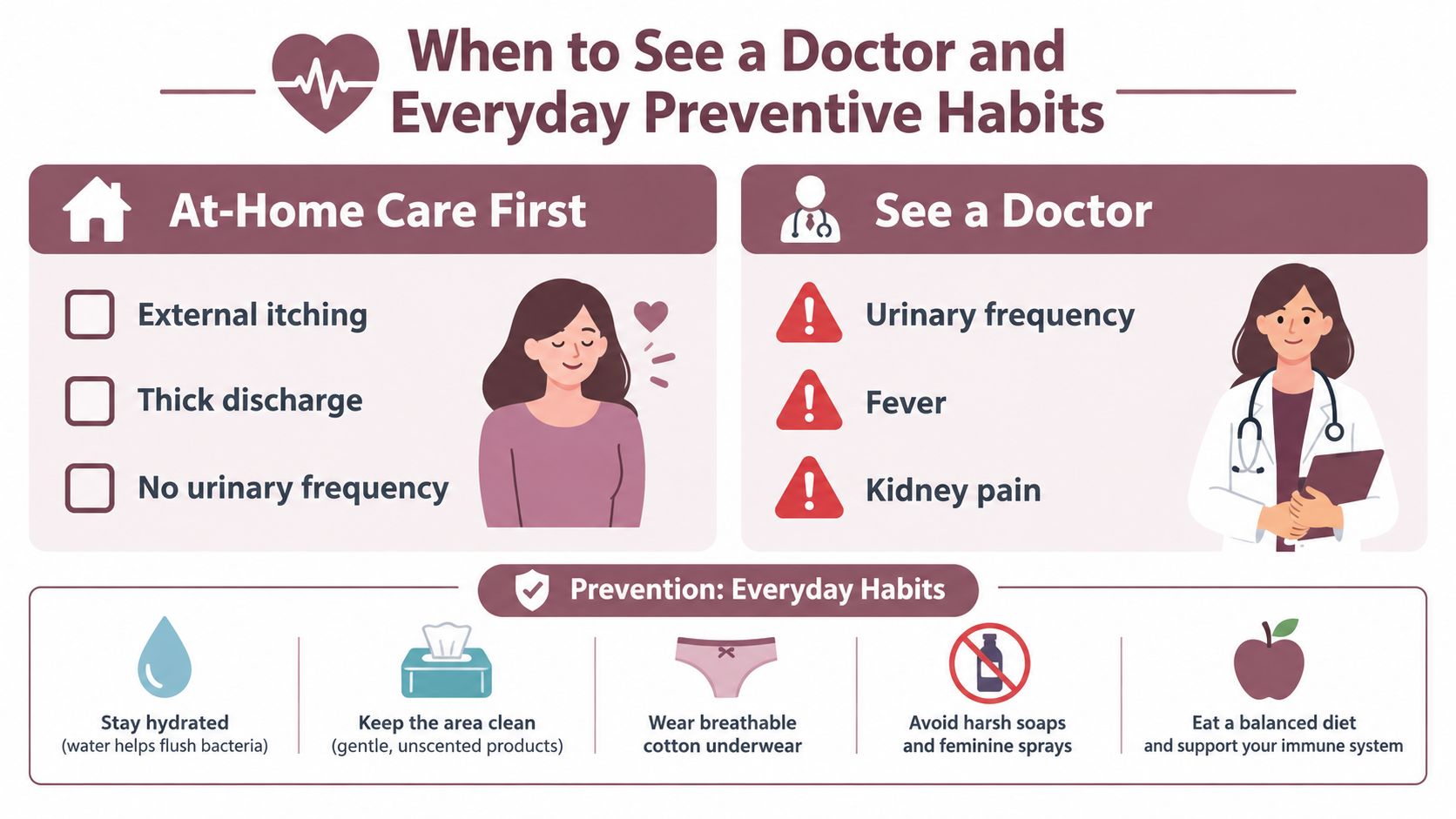 An infographic showing symptoms to manage at home versus symptoms requiring medical attention for yeast infections.
