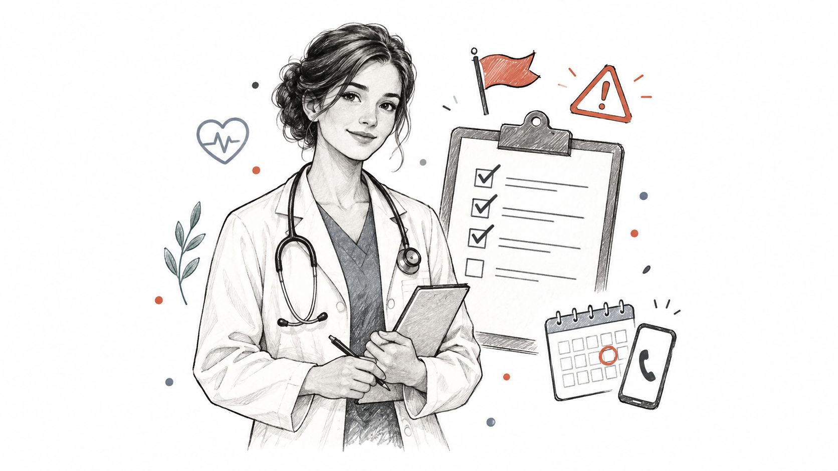 A professional female doctor holding a clipboard with medical symbols representing health monitoring and patient care.