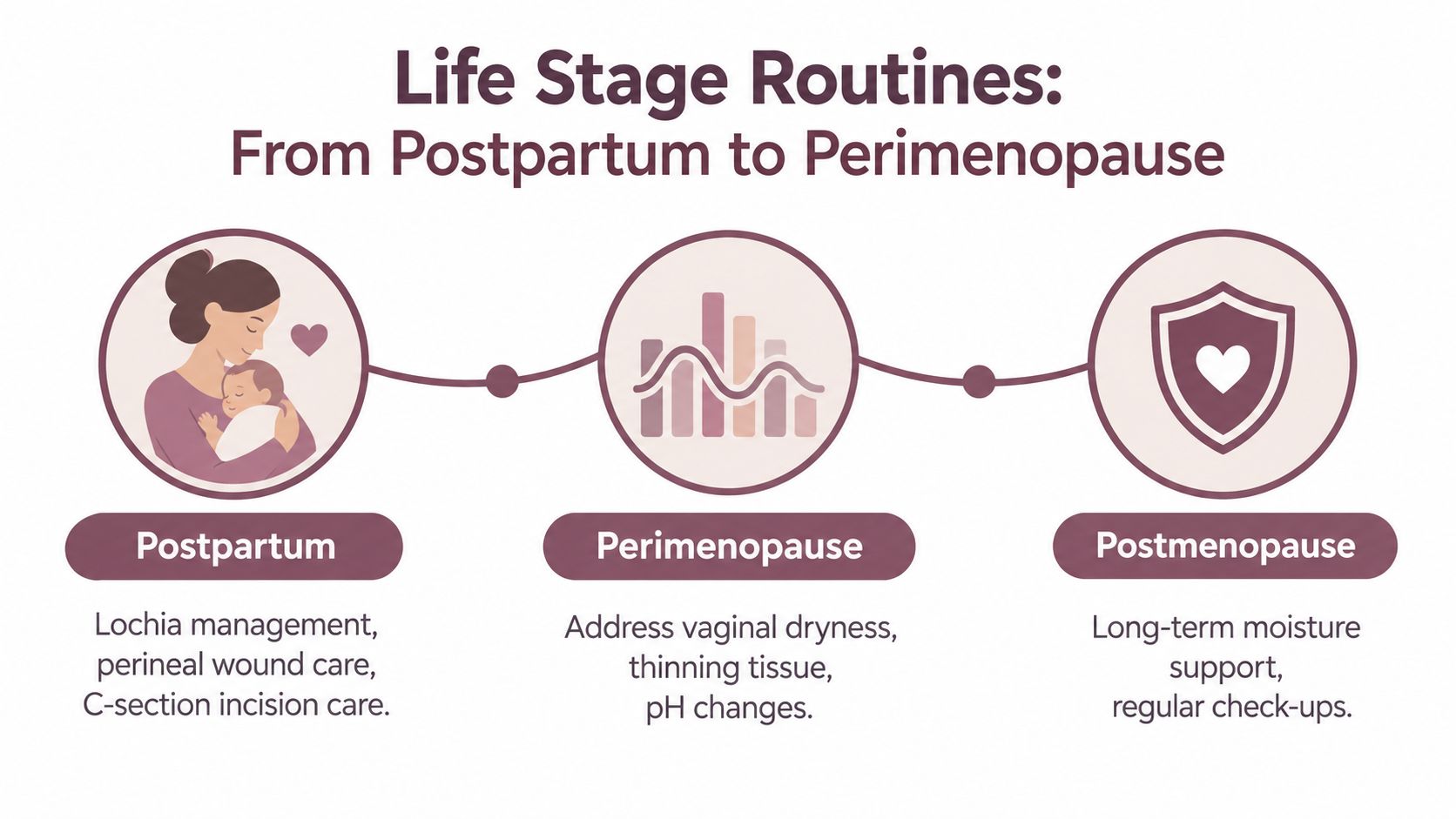 An infographic showing health routines for women across three life stages: postpartum, perimenopause, and postmenopause.