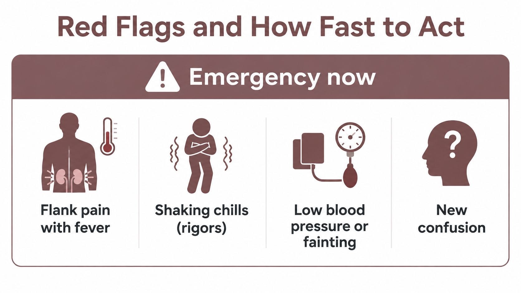 An infographic showing four warning signs of a severe urinary tract infection requiring emergency medical attention.