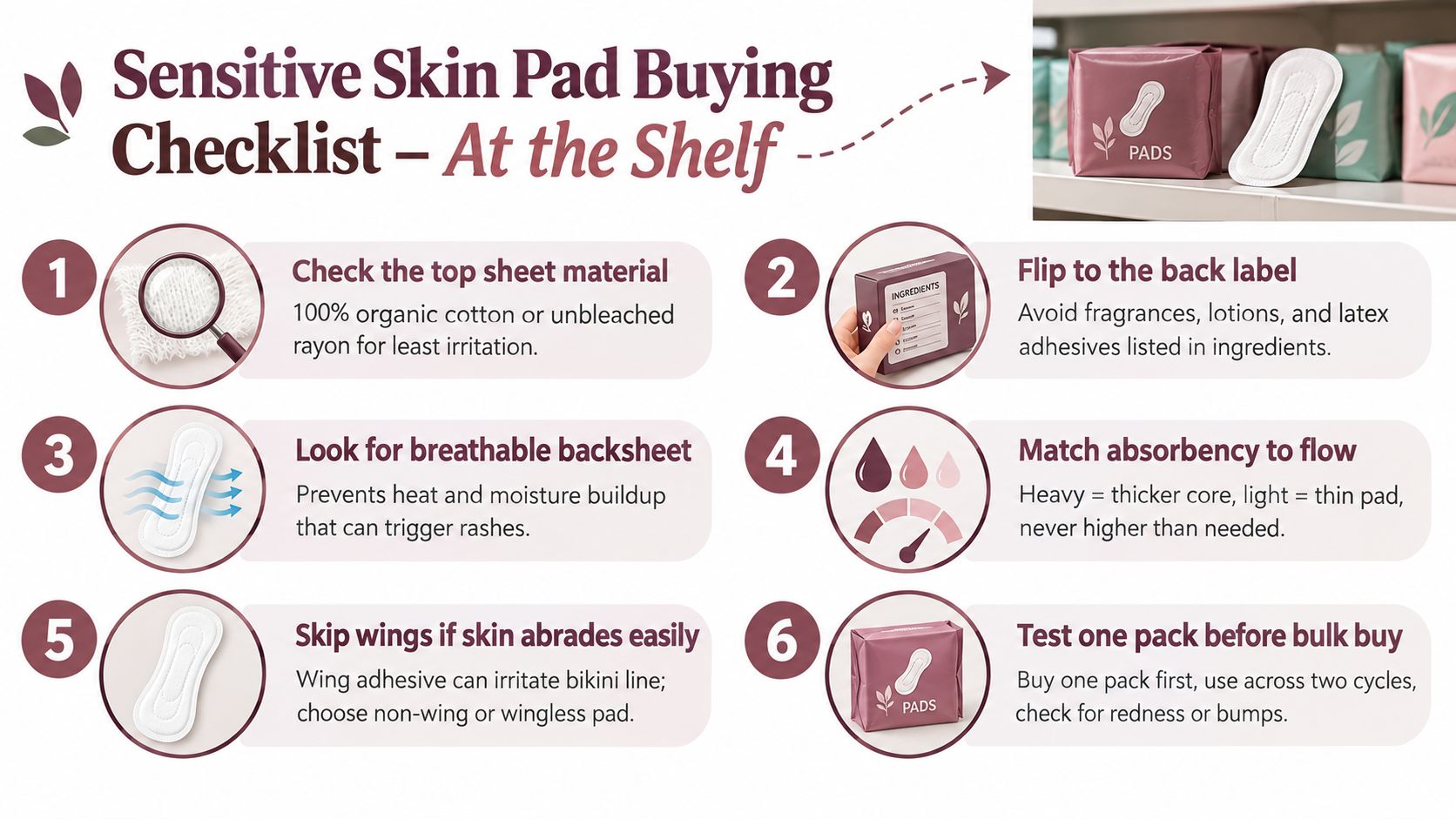 A helpful six-step shopping guide on choosing the best sanitary pads for individuals with sensitive skin.