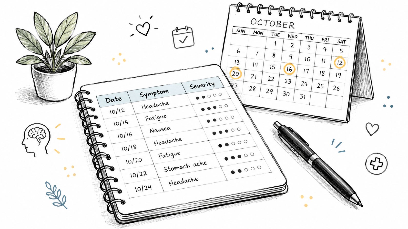 A hand-drawn illustration showing a notebook tracking symptoms alongside a calendar for the month of October.