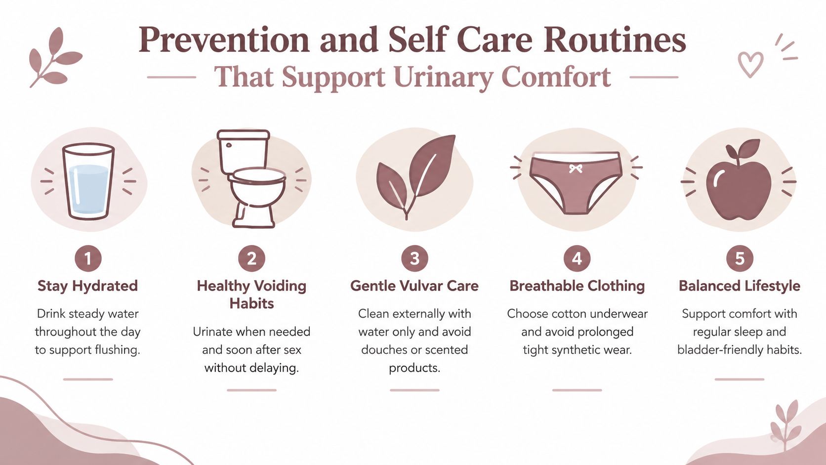 An infographic titled Prevention and Self Care Routines for urinary comfort, featuring five numbered icons and tips.