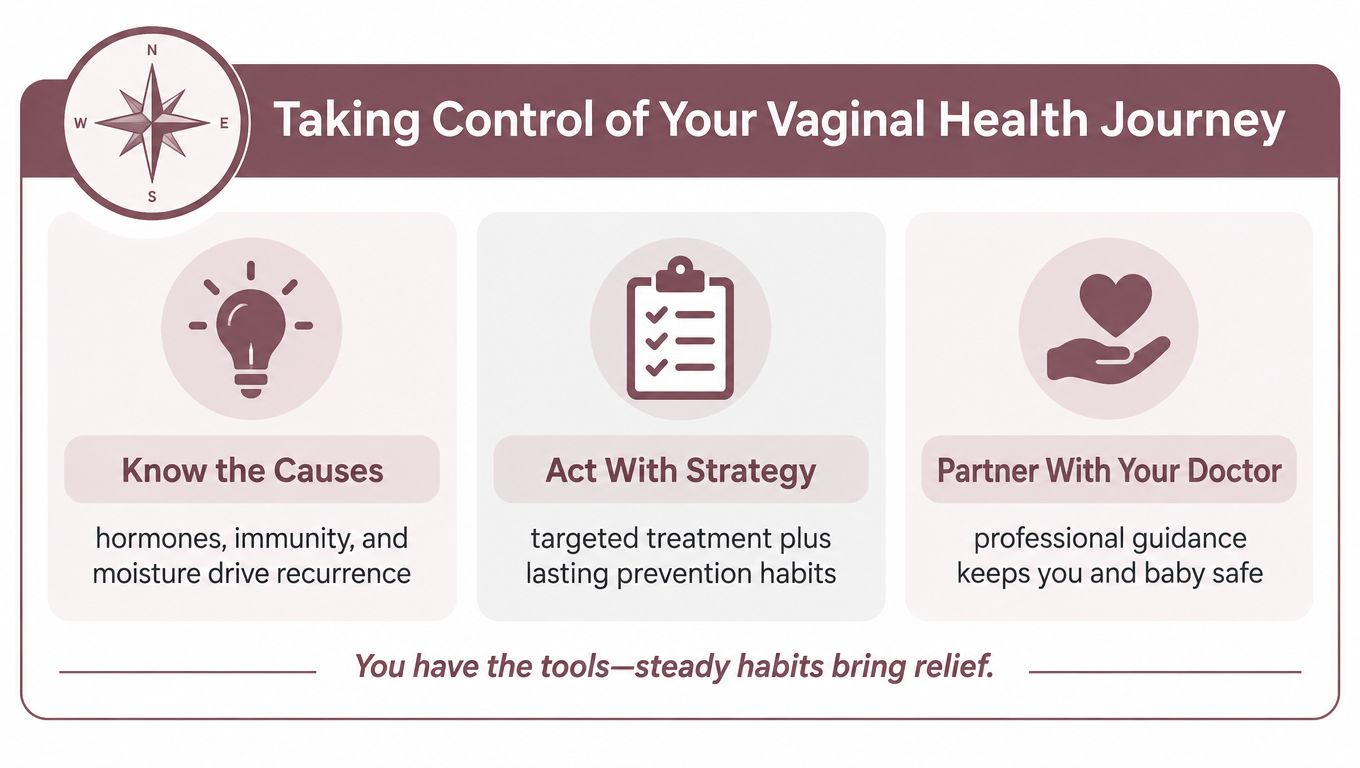 A diagram titled Taking Control of Your Vaginal Health Journey featuring steps for managing recurring infections during pregnancy.